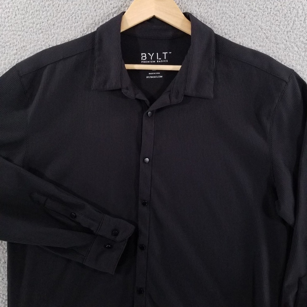 BYLT Shirt Mens XL Black Ribbed+ Performance Long Sleeve Stretch Button Front